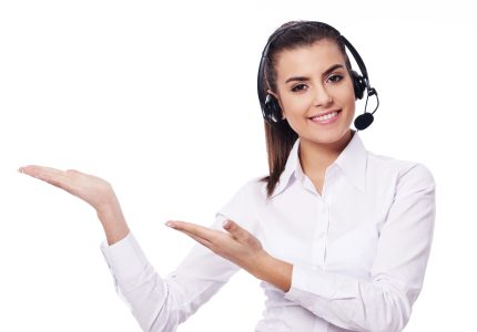 Smiling woman in headset presentation something